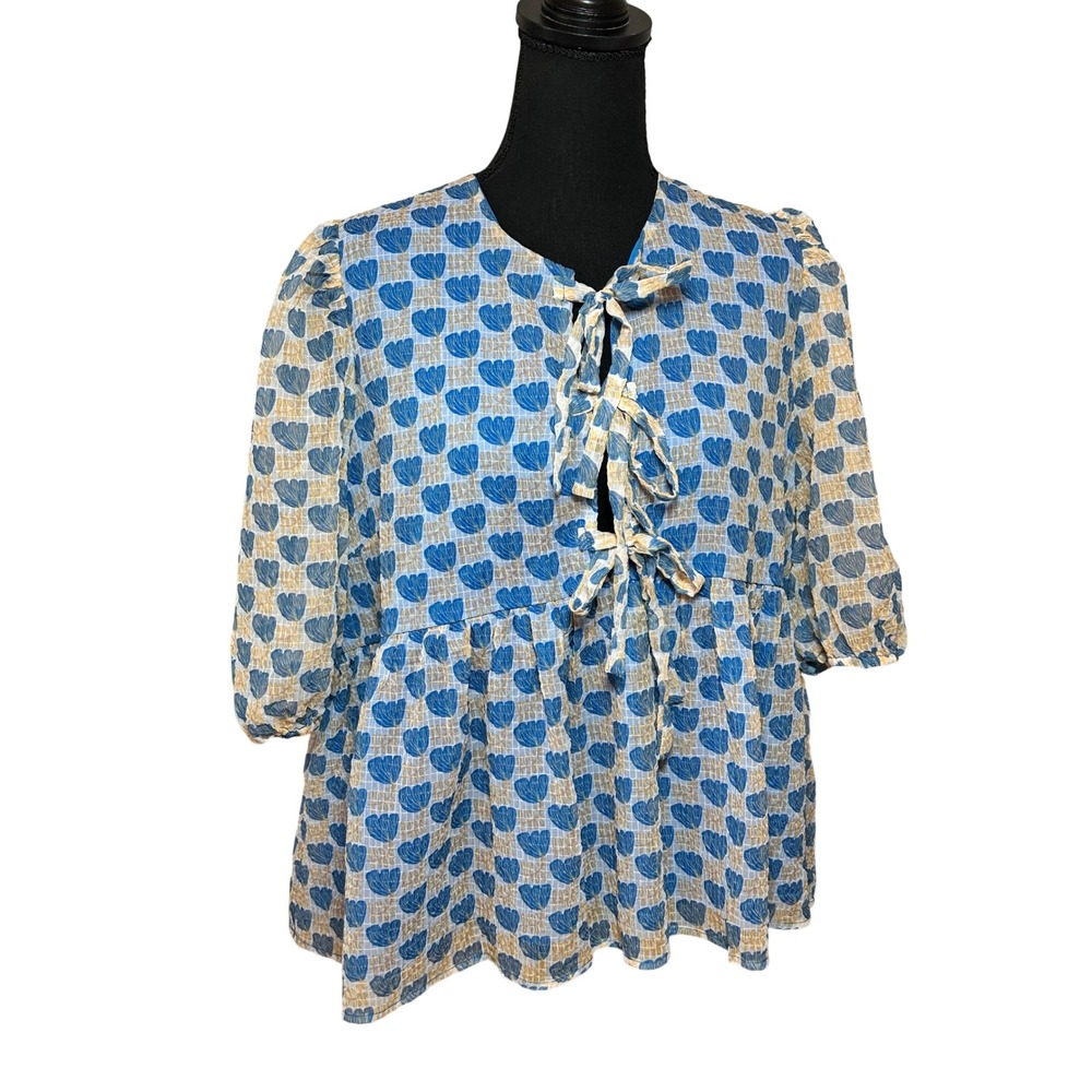 Anniewear Los Angeles Blue Floral Tie Front Babydoll Peplum Blouse